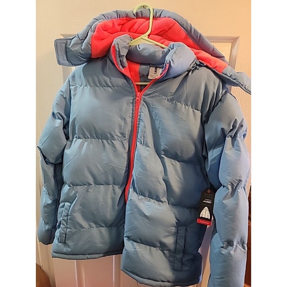 Activpro Womans Puffer Jacket. NWT full Zip. Medium. Hooded. Blue W/ Neon Pink